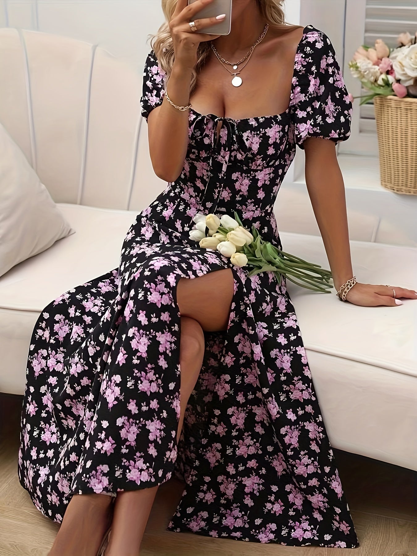 Brooke™ Elegant Floral Puff Sleeve Dress